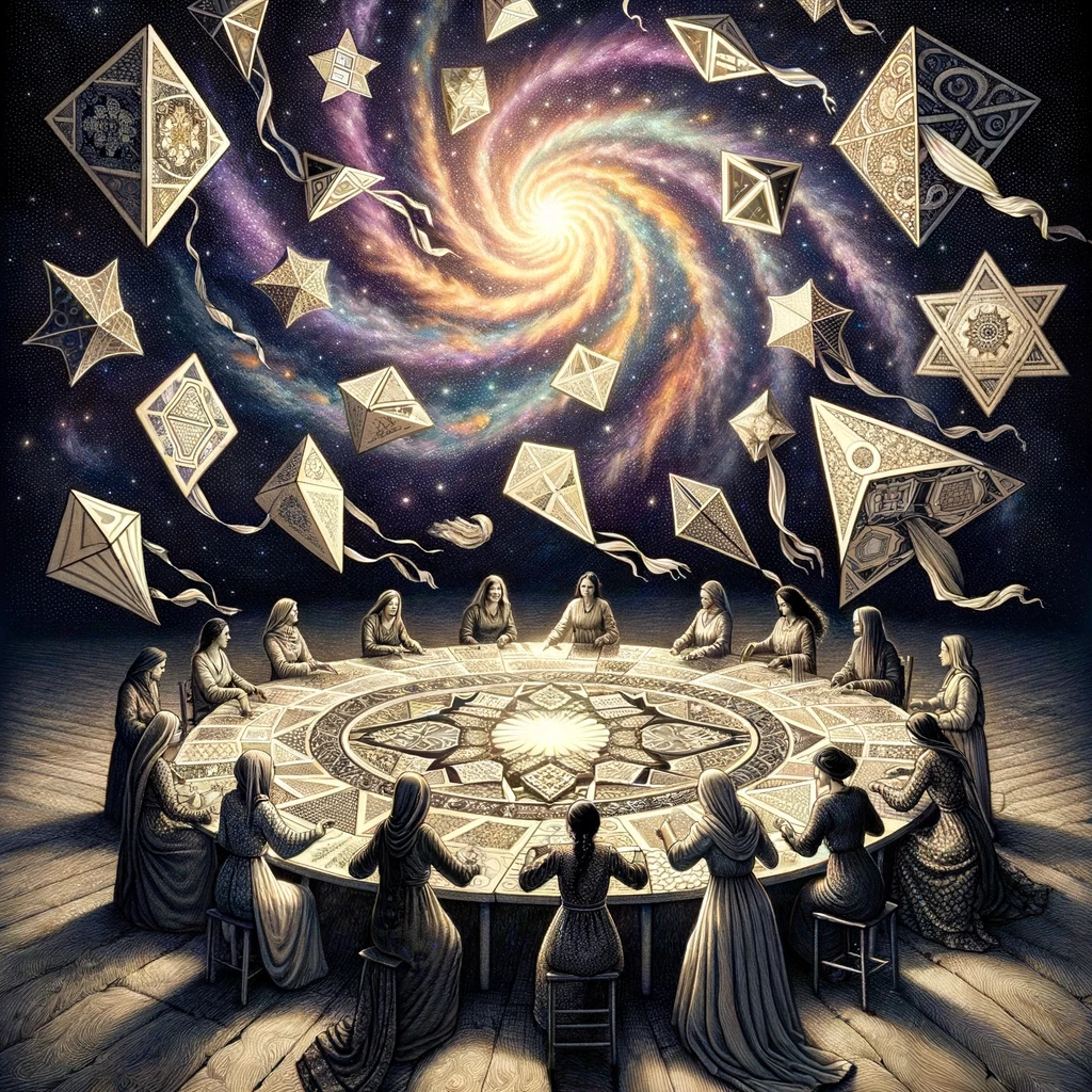 DALLE 2024 02 05 13.54.05   An image depicting a celestial gathering around a round table where women from various cultures are meticulously working on a cosmic quilt. The quilt